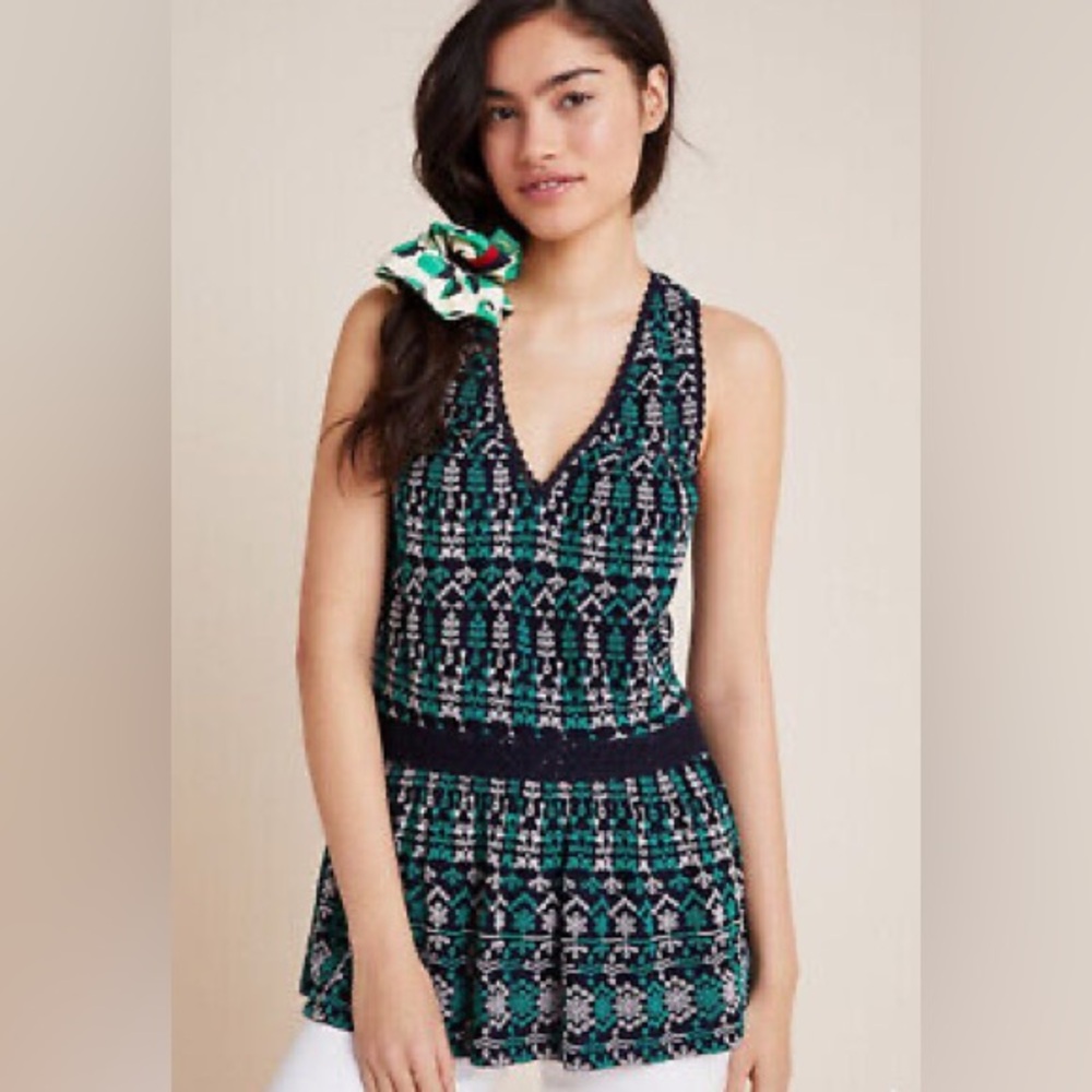 Maeve Sleeveless Green White Black Embroidered Peplum Blouse Boho Summer Small